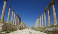 Columns flank the central street known as Corda in Jarash, Jordan